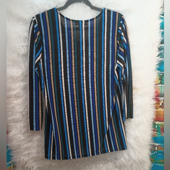 Dana Buchman Blue Green Black White and Tan Striped Long Sleeve V Neck Top L - Picture 7 of 8